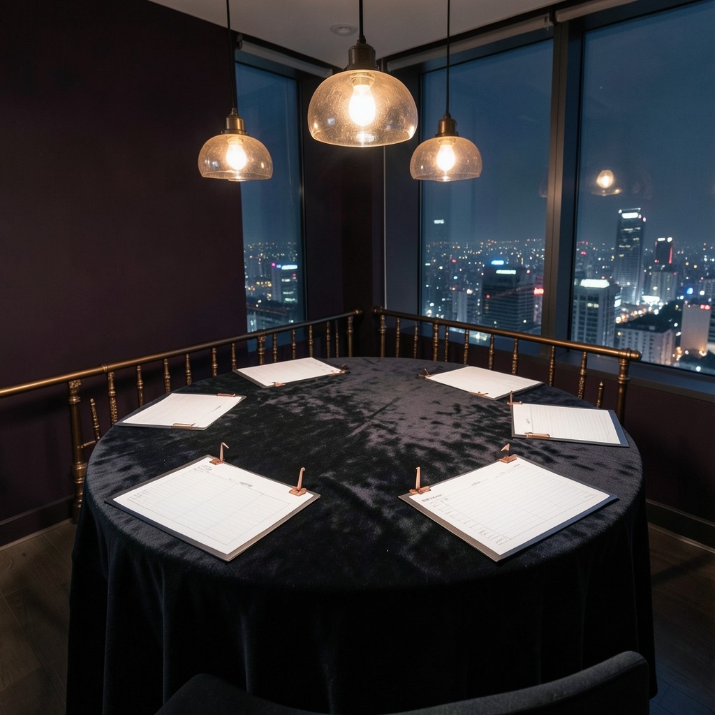 Velvet-draped clinic table with printed charts and copper degree markers
